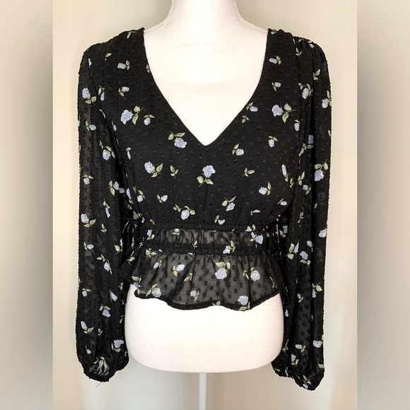 Forever 21 Boho Floral Blouse Top Women Medium Black Textured - Picture 1 of 8